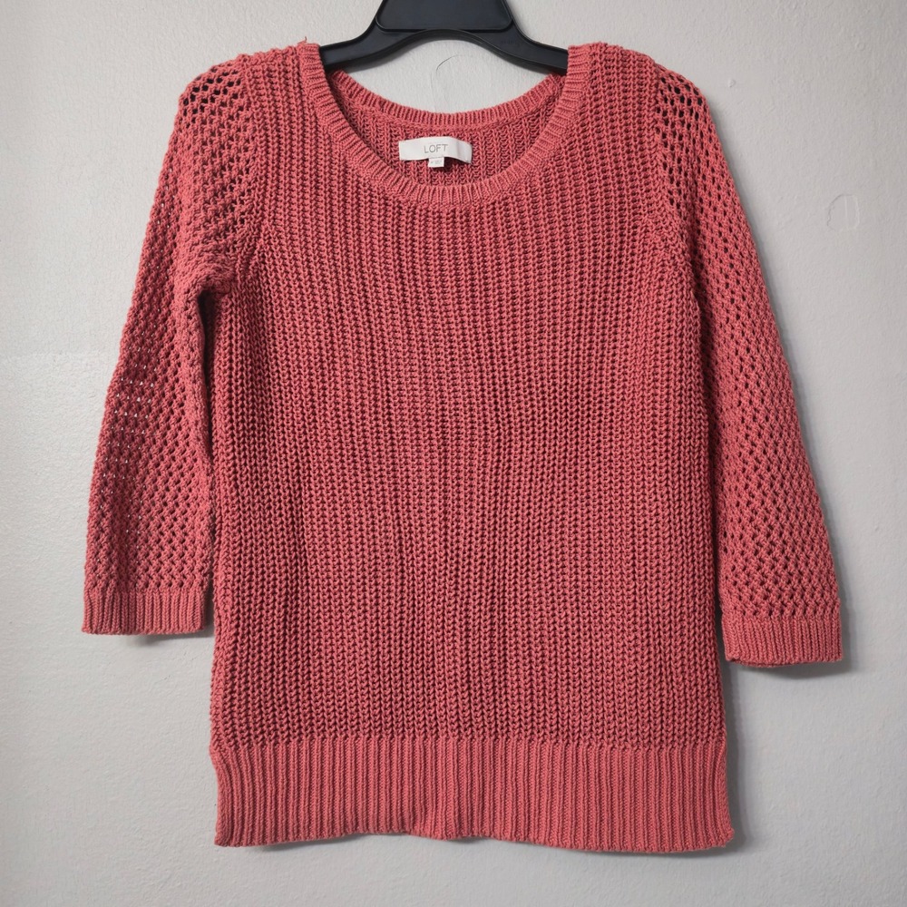 Ann Taylor LOFT Women Medium Coral Pink Open Knit 3/4 Sleeve Pullover Sweater